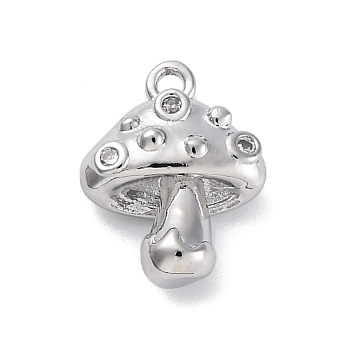 Brass Micro Pave Cubic Zirconia Pendants, Mushrooms Charms, Real Platinum Plated, 13.5x10.5x5mm, Hole: 1.2mm