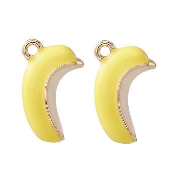 2Pcs Brass Enamel Pendants, Imitation Fruit, Light Gold, Banana Charm, Yellow, 16x10x5mm, Hole: 1.4mm