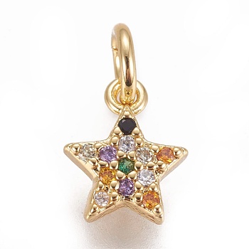 Brass Micro Pave Cubic Zirconia Charms, Star, Colorful, Golden, 8.5x7x2mm, Hole: 3mm