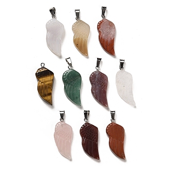 Natural Mixed Gemstone Pendants, Wing Charms with Platinum Plated Iron Snap on Bails, 34.5~36x15.5~16x6~7.5mm, Hole: 7x4mm