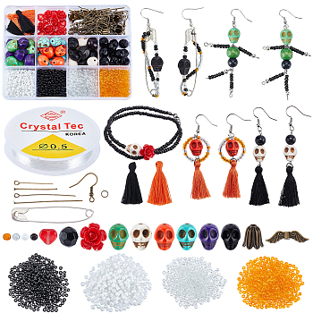 DIY Gemstone Halloween Earring & Bracelet Making Kit, Including Synthetic Turquoise Skull & Coral Rose & Glass Seed & Alloy & Acrylic Beads, Polycotton Tassel Pendant, Iron Earring Hooks, Mixed Color, Gemstone Beads: 42Pcs/box