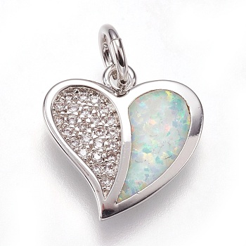 Brass Micro Pave Cubic Zirconia Charms, with Synthetic Opal, Heart, Platinum, Champagne Yellow, 14.5x15x2.5mm, Hole: 4mm