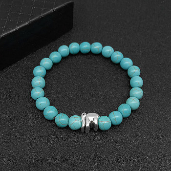 Synthetic Turquoise Stretch Bracelets for Women Men, with Tibetan Style Animals Alloy Beads, Elephant, No Size