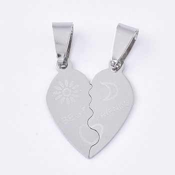 201 Stainless Steel Split Pendants, Heart with Heart, with Word Best Friends, Stainless Steel Color, 23x19x1mm, Hole: 8x4mm