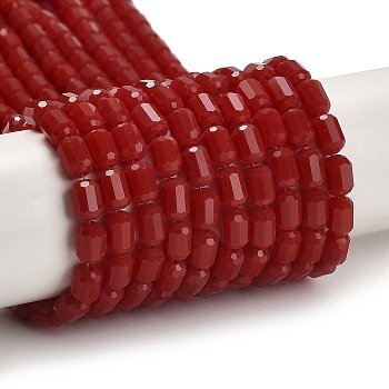 Opaque Glass Beads Strands, Faceted Barrel, FireBrick, 5~6x4mm, Hole: 1mm, about 78~81pcs/strand, 15.94''~18.82''(40.5~47.8cm)