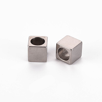 303 Stainless Steel European Beads, Large Hole Beads, Cube, Stainless Steel Color, 7x7x7mm, Hole: 5mm