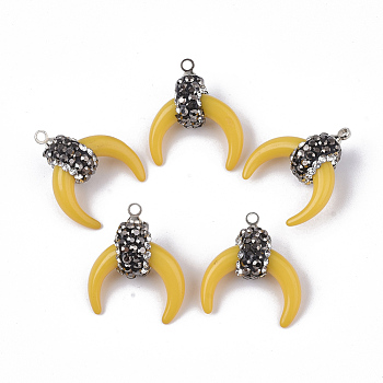 Resin Pendants, with Alloy Loop and Polymer Clay Rhinestone, Crescent/Double Horn, Platinum, Gold, PP13(1.9~2mm), 21~22x18.5x8.5~10.5mm, Hole: 1.4~1.6mm