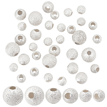 Elite 35Pcs 3 Size Round 925 Sterling Silver Textured Beads, Silver, 3~5mm, Hole: 1~1.5mm
