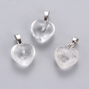 Natural Quartz Crystal Pendants, Rock Crystal Pendants, with Platinum Tone Brass Findings, Heart, 18x15x10mm, Hole: 5x7mm