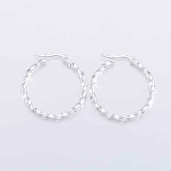 304 Stainless Steel Hoop Earrings, Hypoallergenic Earrings, Twisted Ring Shape, Silver, 31x30x2.5mm, 10 Gauge, Pin: 1x0.8mm