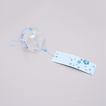 Japanese Round Painting Glass Wind Chimes, with Polyester Cord, Plastic Beads, Rectangle Paper Card, Floral Pattern, 400mm