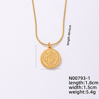 Vintage Stainless Steel Round Snake Chain Flat Round Pendant Necklaces, Religion Saint Benedict Medal Pendant Necklaces, Golden, 15.75 inch(40cm)