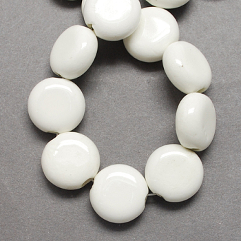 Handmade Porcelain Beads, Bright Glazed Porcelain, Flat Round, White, 15x14x7mm