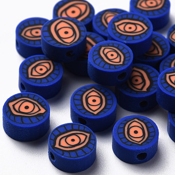 Handmade Polymer Clay Beads,  Flat Round with Eye, Dark Blue, 9~10x4~5mm, Hole: 1.8mm