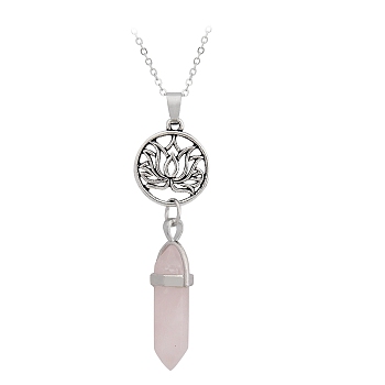 Natural Rose Quartz Double Terminal Pointed Pendants, Antique Silver Plated Alloy Faceted Bullet Charms, 32x8mm