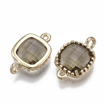 Glass Links connectors, with Brass Findings, Faceted, Square, Golden, Dark Khaki, 14.5x9.5x3.5mm, Hole: 0.8~1.2mm