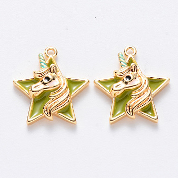 Brass Enamel Pendants, Nickel Free, Star with Unicorn, Real 18K Gold Plated, Lime Green, 15.5x14x3.5mm, Hole: 1mm