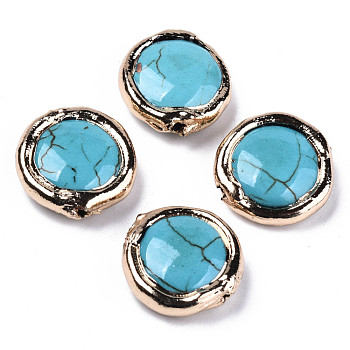 Synthetic Turquoise Beads, Edge Light Gold Plated, Flat Round, Dyed, 17~18x6mm, Hole: 1mm