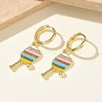 Brass Micro Pave Cubic Zirconia Dangle Hoop Earrings for Women, Pickleball Paddle, with Enamel, Rack Plating, Long-Lasting Plated, Lead Free & Cadmium Free, Real 18K Gold Plated, 35x11mm(EJEW-A168-05G)
