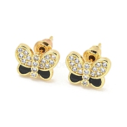 Butterfly Real 18K Gold Plated Brass Stud Earrings, with Enamel and Clear Cubic Zirconia, Black, 8.5x11.5mm(EJEW-L269-094G-01)