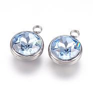 K9 Glass Rhinestone Pendants, March Birthstone Charms, with 304 Stainless Steel Findings, Flat Round, Light Blue, 18x14x9mm, Hole: 2.5mm(STAS-F123-26J)