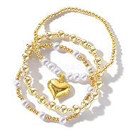 3pcs Bohemian Style Heart Brass Charm Bracelet Sets, Imitation Pearl Beads Stretch Bracelets for Women, Golden(ET2959)