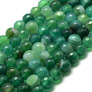 Faceted Natural Striped Agate/Banded Agate Beads Strands, Round, Dyed & Heated, Green, 4mm, Hole: 0.8mm, about 86pcs/strand, 14 inch(35.6cm)(X-G-F447-4mm-H02)