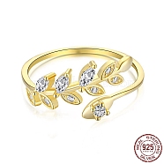 925 Sterling Silver Open Finger Rings, with Cubic Zirconia for Women, Leaf Cuff Ring, Real 18K Gold Plated, 0.7mm, US Size 7(17.3mm)(RJEW-A019-54G)