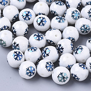 Christmas Opaque Glass Beads, Round with Electroplate Snowflake Pattern, Blue Plated, 10mm, Hole: 1.2mm(X-EGLA-R113-01F)