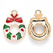 Alloy Enamel Pendants, for Christmas, Christmas Wreath with Bowknot, Light Gold, Colorful, 23x16x3mm, Hole: 2mm(X-ENAM-S121-009)