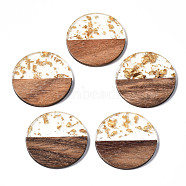 Transparent Resin & Walnut Wood Pendants, with Gold Foil, Two Tone, Flat Round, Clear, 38.5x3.5mm, Hole: 2mm(RESI-T023-10-A01)