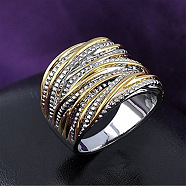 Criss Cross Alloy Crystal Rhinestone Wide Finger Rings, Platinum & Golden, US Size 7(17.3mm)(FS-WGCE8BA-01)