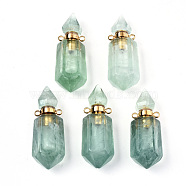 Faceted Natural Fluorite Pendants, Openable Perfume Bottle, with Golden Tone Brass Findings, Hexagon, 40~41.5x15x13.5mm, Hole: 1.8mm, Bottle Capacity: 1ml(0.034 fl. oz)(G-T131-15F)