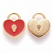 Alloy Enamel Charms, Heart Lock, Light Gold, Red, 13x11x1.5mm, Hole: 3x4mm(ENAM-S121-039)