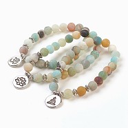 Natural Flower Amazonite Charm Bracelets Set, with Alloy Findings, Flat Round with Joss and Lotus and Om Symbol, 2-1/8 inch(5.4cm), Pendant: 20x15x2mm, 3strands/set(BJEW-JB03725)