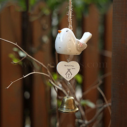 Ceramic Birds & Metal Bell & Wooden Heart Hanging Wind Chime Decor, for Home Hanging Ornaments, White, 250mm(BIRD-PW0001-037B)
