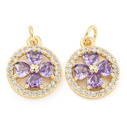 Rack Plating Brass Micro Pave Clear Cubic Zirconia Pendants, Long-Lasting Plated, Lead Free & Cadmium Free, Flat Round with Clover, with Jump Ring, Lilac, Real 18K Gold Plated, 16.5x13.5x3.5mm, Hole: 3.5mm(KK-F089-02G)