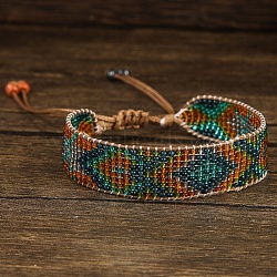 Bohemian Style Glass Bead Braided Bracelets, Ethnic Cord Bracelets for Women, Green, Inner Diameter:  1/4 inch(0.8cm) ~ 3/8 inch(1cm)(ZD3902-2)