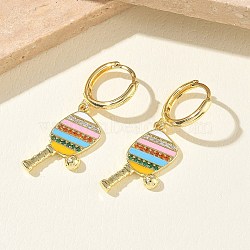 Brass Micro Pave Cubic Zirconia Dangle Hoop Earrings for Women, Pickleball Paddle, with Enamel, Rack Plating, Long-Lasting Plated, Lead Free & Cadmium Free, Real 18K Gold Plated, 35x11mm(EJEW-A168-05G)