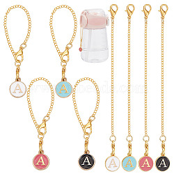 Flat Round with Letter A Alloy Enamel Pendant Decoration, with Brass Chains and Alloy Clasp, Mixed Color, 125mm, 4 colors, 2pcs/color, 8pcs/box(HJEW-AB00704)