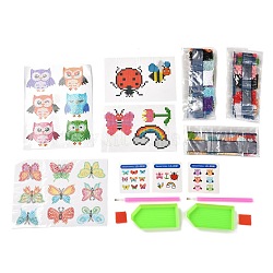 DIY Owl & Butterfly & Insect Diamond Painting Stickers Kits For Kids, with Diamond Painting Stickers, Rhinestones, Diamond Sticky Pen, Tray Plate and Glue Clay, Mixed Color, 18.3x13.7x0.03cm(DIY-O016-10)