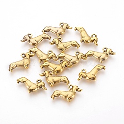 Tibetan Style Alloy Puppy Pendants, Sausage Dog/Dachshund Charms, Cadmium Free & Nickel Free & Lead Free, Antique Golden, 12.5x20x3.5mm, Hole: 1.5mm, about 584pcs/1000g(TIBEP-36546-AG-NR)