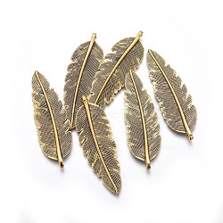 Tibetan Style Big Pendants, Lead Free and Nickel Free, Feather, Antique Golden, 56x17.5x4mm, Hole: 1mm(X-TIBEP-A123194-AG-FF)