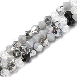 Electroplate Glass Beads Strands, Opaque & Transparent & AB Color Plated, Faceted, Bicone, Gray, 4x4.5mm, Hole: 0.9mm, about 94~95pcs/strand, 13.86''(35.2cm)(X-EGLA-D018-02C)