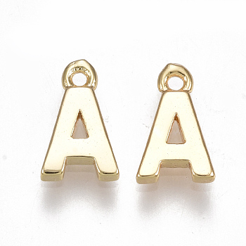 Brass Charms, Letter, Nickel Free, Real 18K Gold Plated, Letter.A, 8.5x5x1.5mm, Hole: 0.8mm