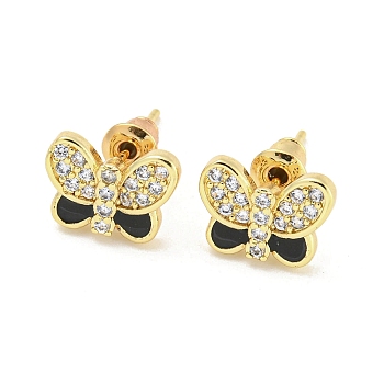 Butterfly Real 18K Gold Plated Brass Stud Earrings, with Enamel and Clear Cubic Zirconia, Black, 8.5x11.5mm