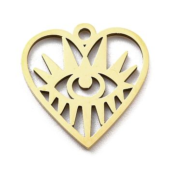 Ion Plating(IP) 316L Surgical Stainless Steel Pendants, Laser Cut, Heart with Eye Charm, Real 18K Gold Plated, 16x15x1mm, Hole: 1.4mm