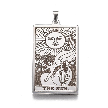 Titanium Steel Pendants, Rectangle with Tarot The Sun XIX, Stainless Steel Color, 41x24x2mm, Hole: 6x3.5mm