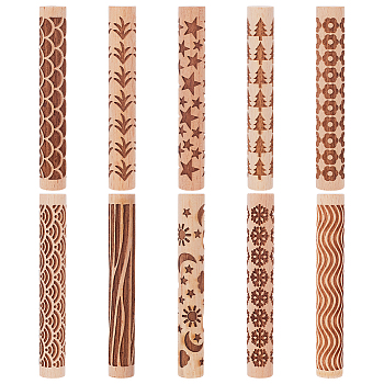 10Pcs 10 Styles  Wooden Rolling Pin, for Baking Embossed Cookies, Kitchen Tool, Mixed Shapes, 102x14.5mm, 1pc/style