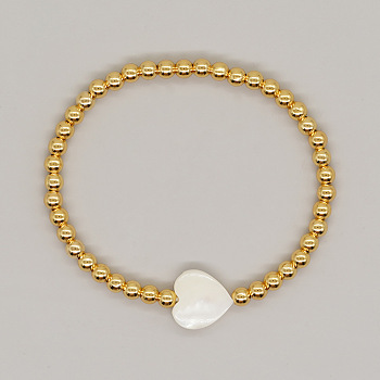 Gold Round Beaded Stretch Bracelets, Heart Shell Bracelets for Women Men